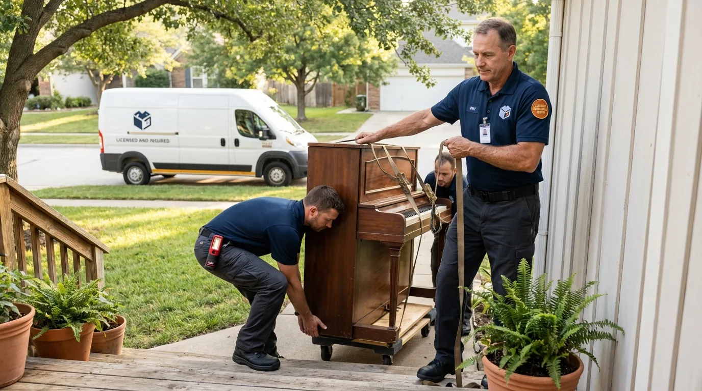 Licensed piano movers securing grand piano in Elkton, KY